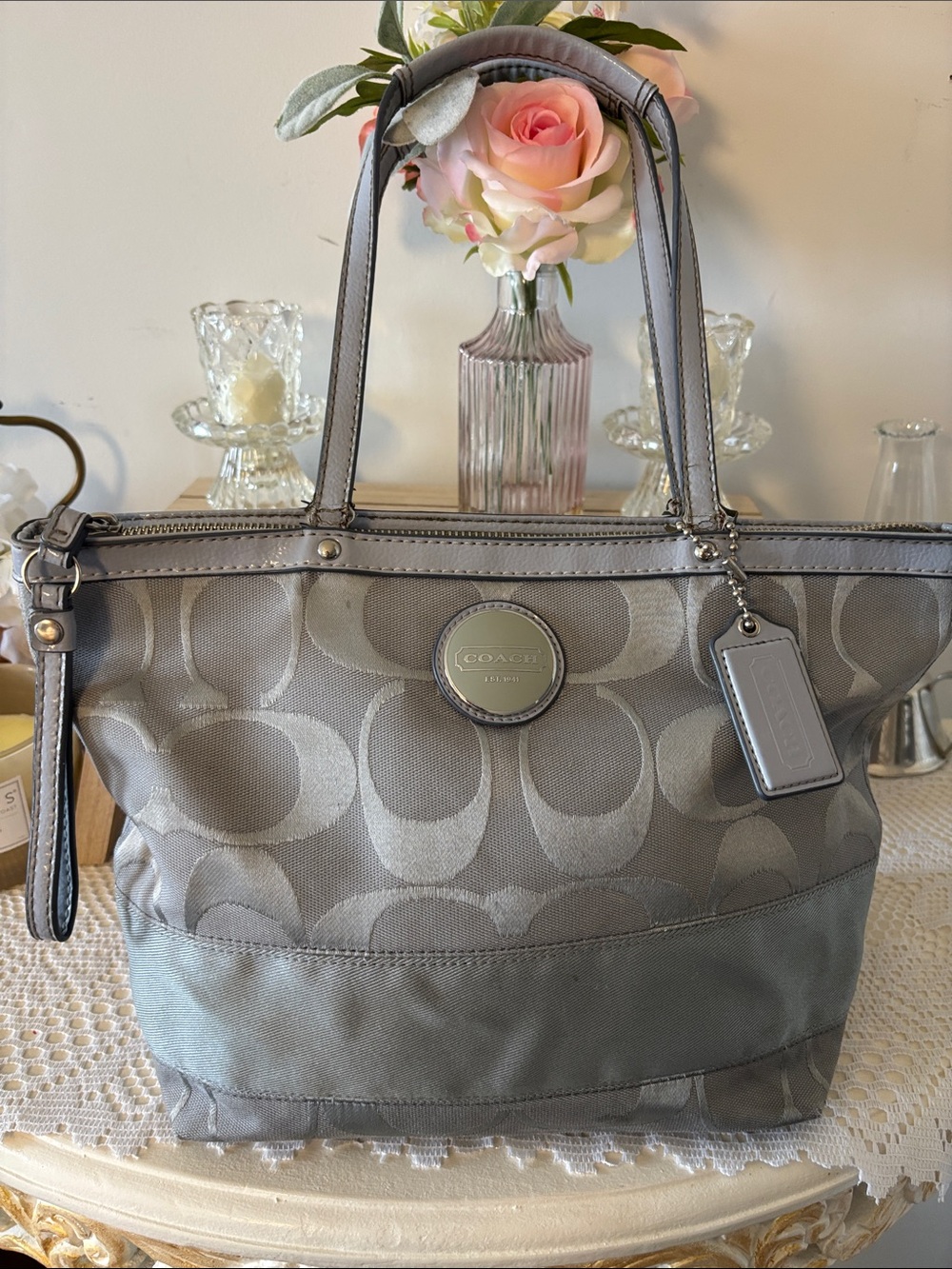 Coach Gray Signature stripe Tote with Leather Trim F17433